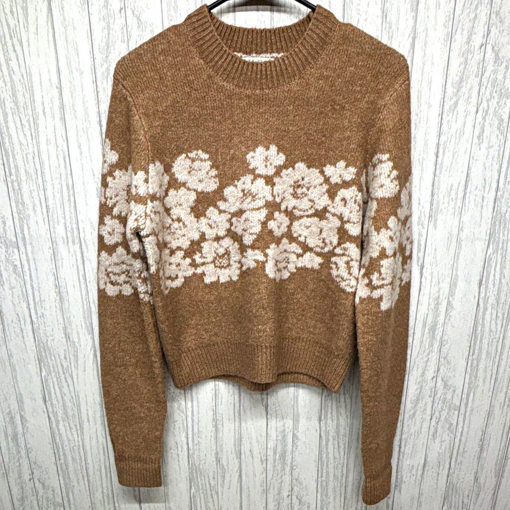 Womens Size S Z Supply Brown Ivory Floral Knit Crew Neck Long Sleeve Sweater